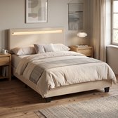 Xbro Gestoffeerd Bed 120 x 200 cm – met Bedhoofdbord LED-Verlichting – Tweepersoonsbed met Hoofdbord en Lattenbodem – Beige