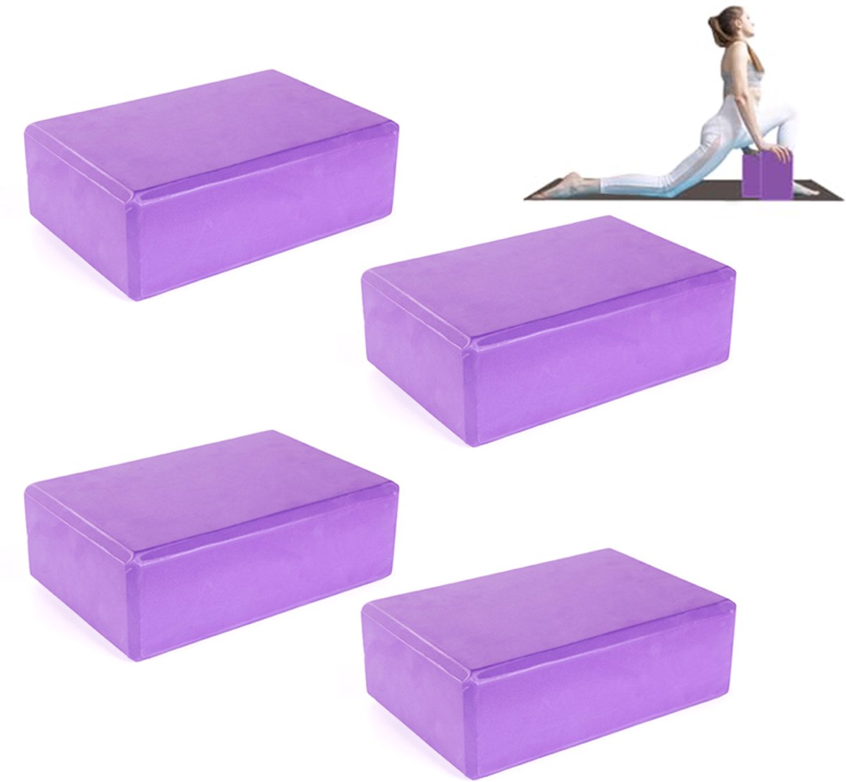 4-stuks EVA yogablokken - Yoga foam blokken - Antislip yogablokken - Yoga hulpmiddelen - Fitnessapparatuur - Goede ondersteuning - 23*17,5*7,6 cm - Geschikt voor yoga, pilates, stretching en fitnessoefeningen, enz. - Paars