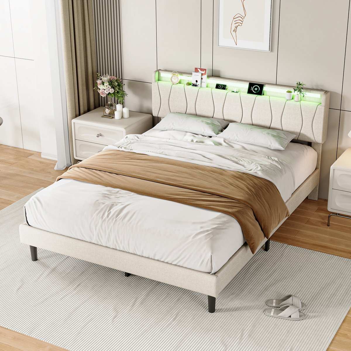 Tweepersoonsbed 140×200 cm, met opbergruimte in het hoofdeinde, gestoffeerd bed met led-lichtstrip en usb-oplaadpoort, bedframe met lattenbodem, linnen Beige