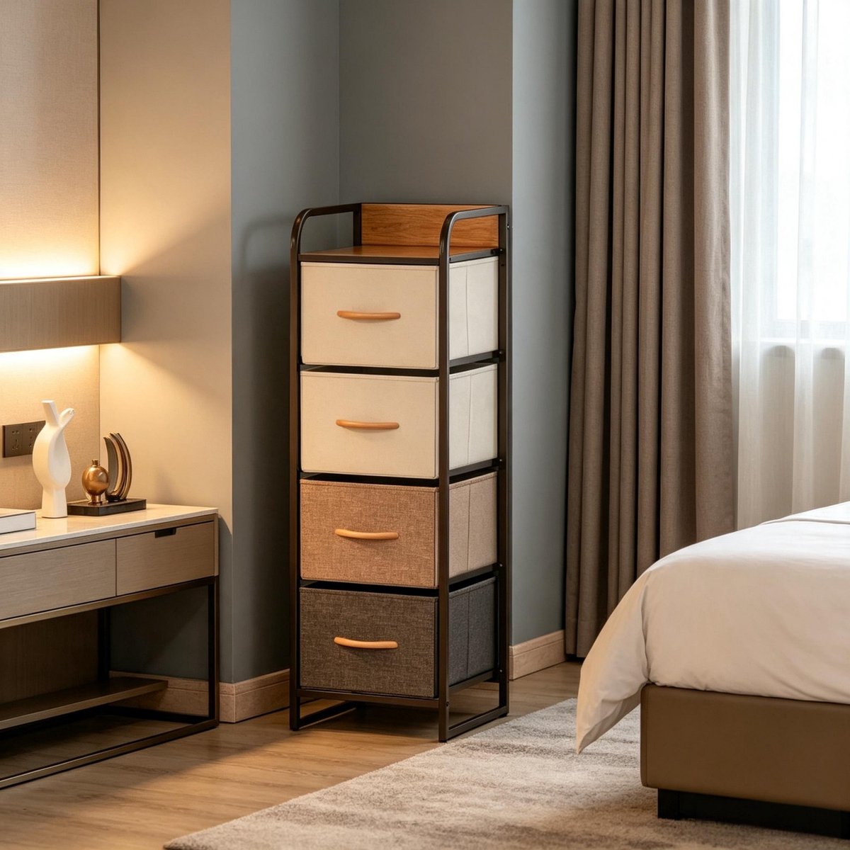 VVBV Smal Dressoir 31x29x99 cm - 4 Uitklapbare Stoffen Lades, Metalen Frame, Ruimtebesparend - Beige/Bruin