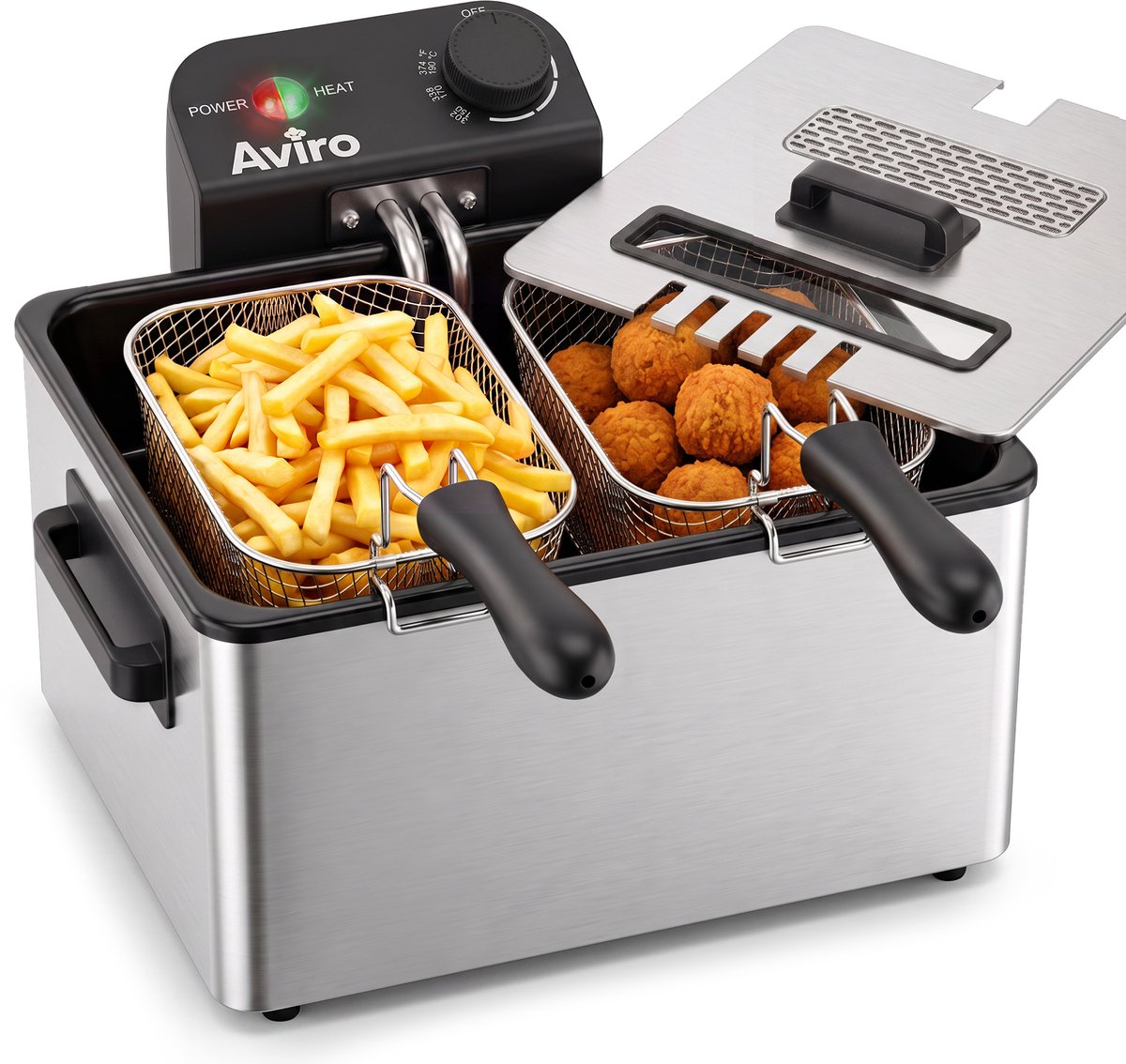 Aviro Frituurpan XL - 5 Liter - Friteuse - 1 Grote en 2 Kleine Manden - Kijkvenster - Koude Zone - Regelbare Thermostaat - RVS