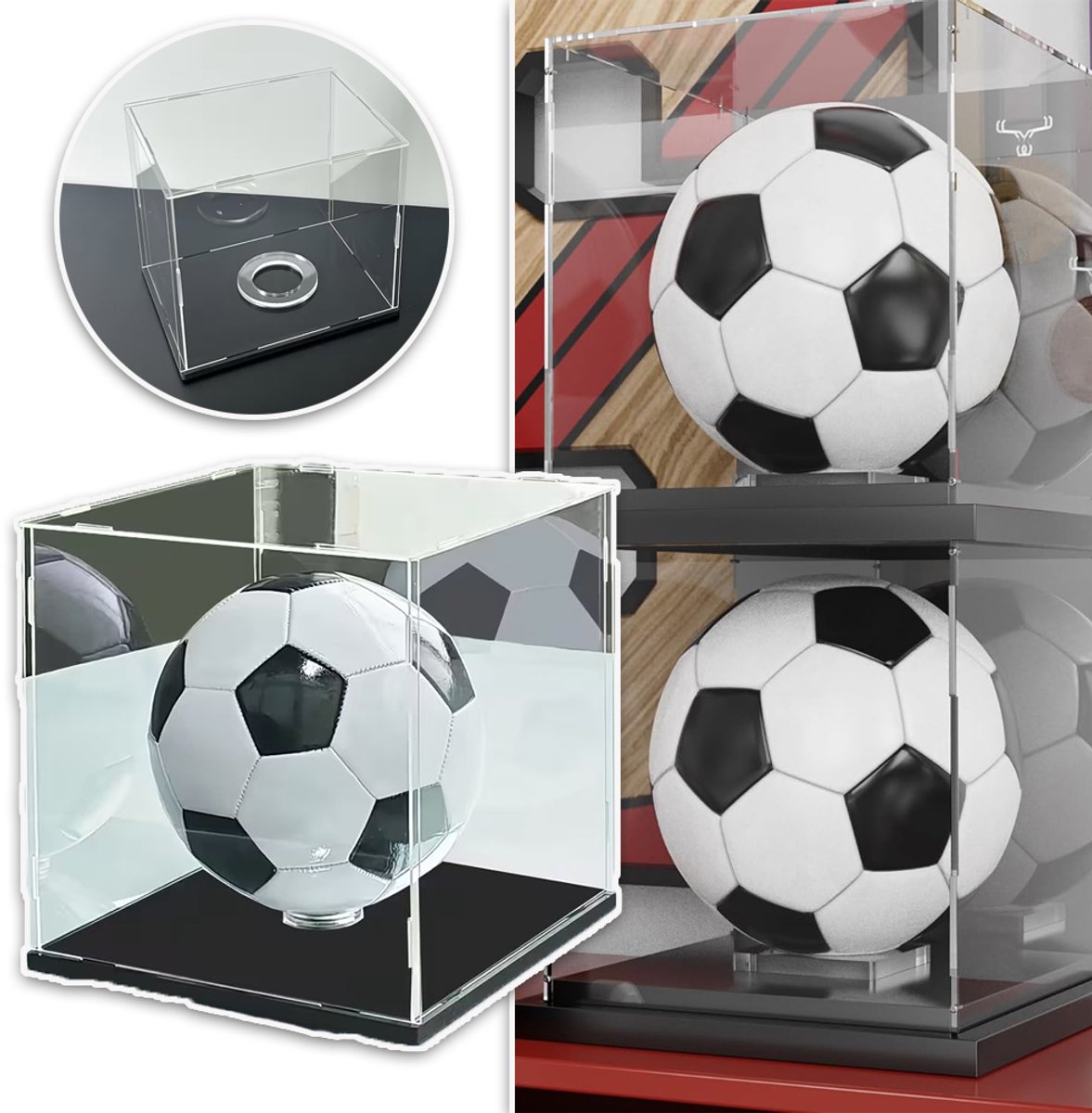 Vitrine Voor Sportballen - 25x25x25 cm Acryl UV-Bestendig Stof- En Waterdicht Krasbestendig - Verdikte Zwarte Voet Eenvoudig Te Monteren - Voor Voetbal Basketbal Volleybal