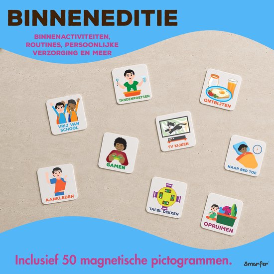 Magnetische pictogrammen voor dagelijkse routines: Vrij van school, Tandenpoetsen, Ontbijten, TV Kijken, Naar bed toe, Aankleden, Gamen, Tafel dekken, Opruimen.