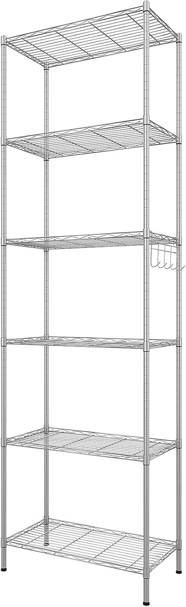 Zeslaags metalen rek voor opslag, vrijstaand en zwaar belastbaar, met verstelbare voeten - 54 x 29 x 160 cm, zilver