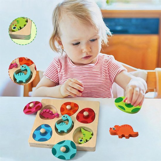 Montessori Knoppuzzel - Houten Puzzel Kinderen - 6 Vrolijke Kleuren - Puzzelstukken met Knop - Kleuren, Vormen en Dieren Leren - Oefent Fijne Motoriek - Voor Peuters van 12-36 Maanden van AKKEE — afbeelding 4