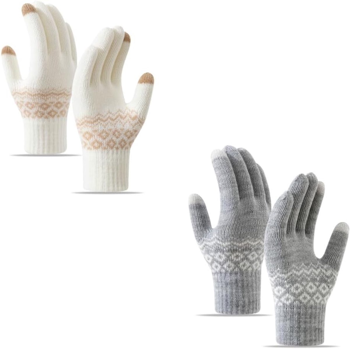 Winterhandschoenen voor dames en heren, gevoerd, touchscreen, warm, gebreid, sneeuwvlokprint, 12 x 20 cm, wit en grijs