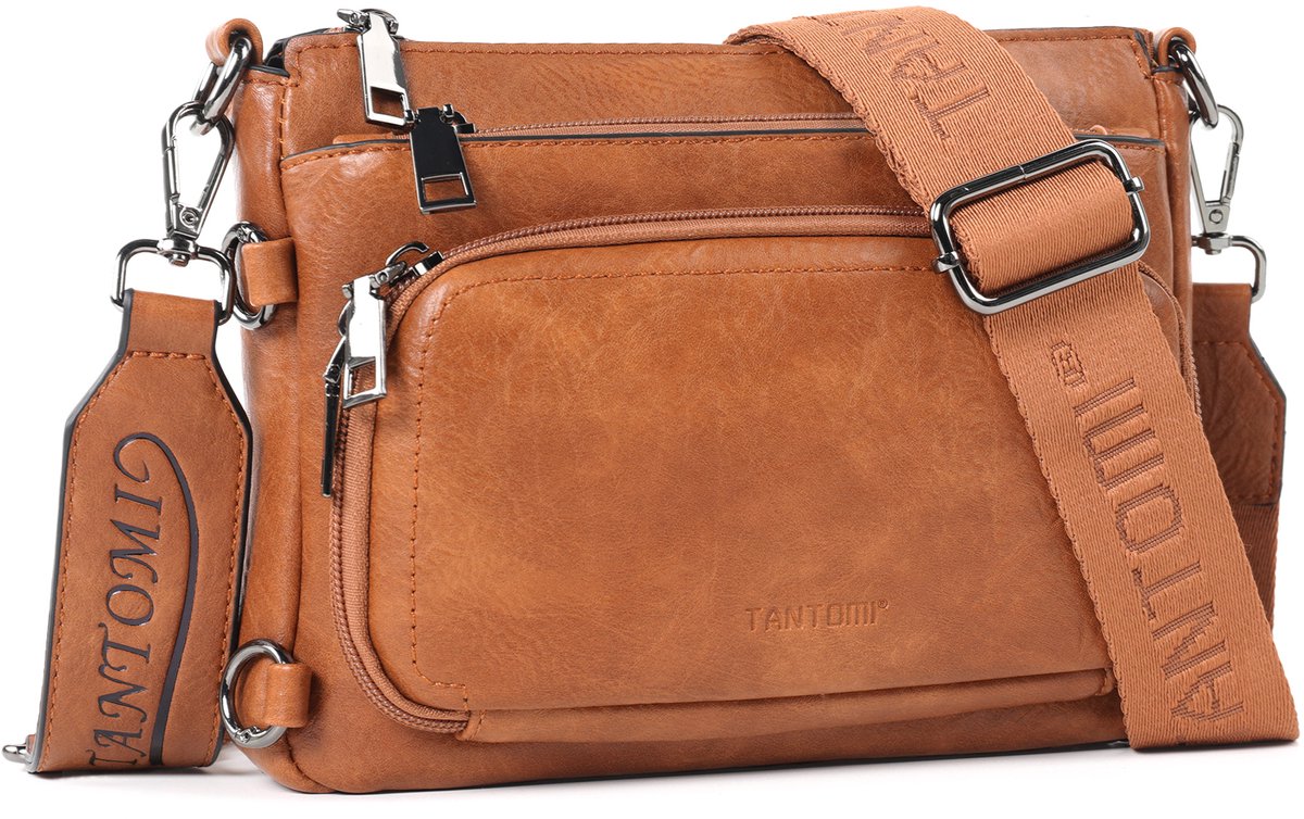 TANTOMI - Schoudertas dames - Crossbody tas - met met verstelbare en afneembare brede Schouderband - met meerdere ritsvakken - kleine schoudertas - Lichtbruin