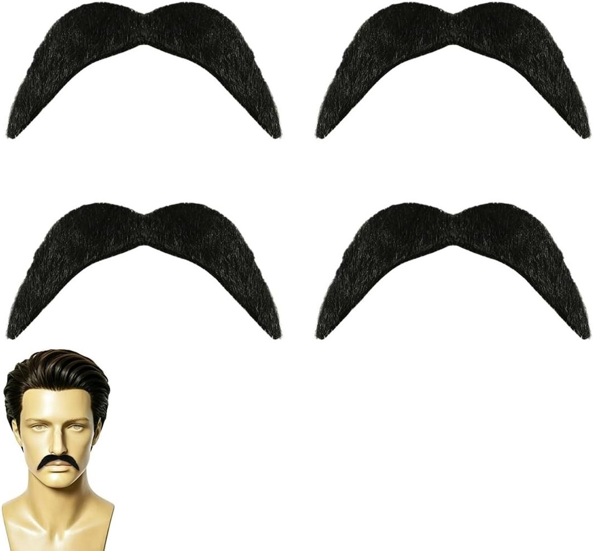 Zelfklevende Neppetjes - 4 Paar Herbruikbare Polyester Krullende Snorren voor Retro Kostuums, Cowboy en Carnaval
