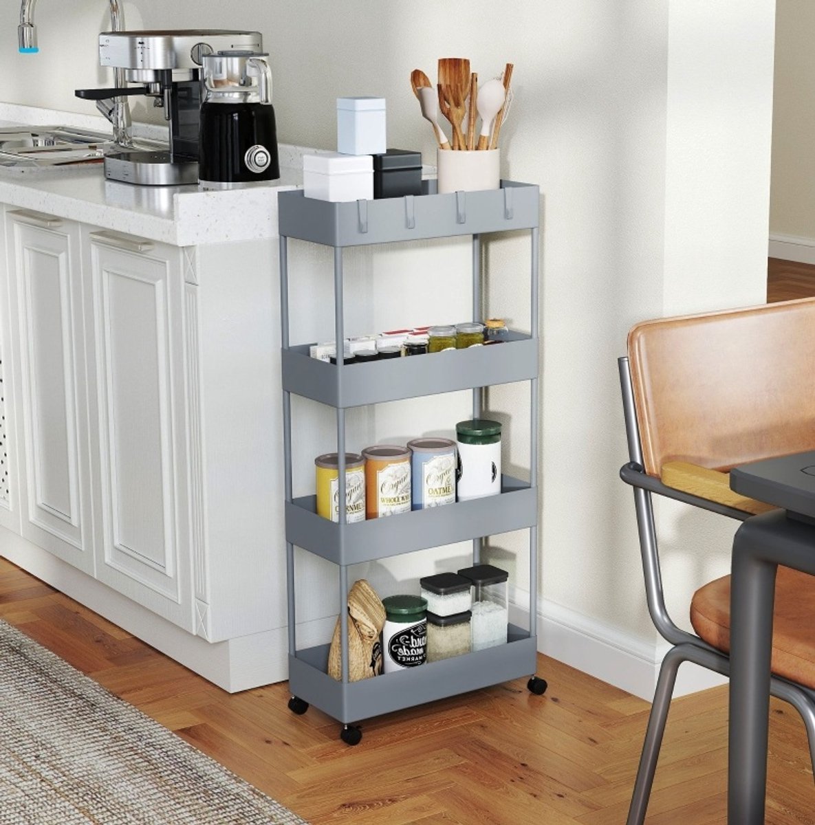 OKWISH Keukenwagen 4 Lagen - Met Wielen En Rem - Smalle Opbergwagen Voor Keuken, Bad, Slaapkamer En Woonkamer - ABS - Grijs