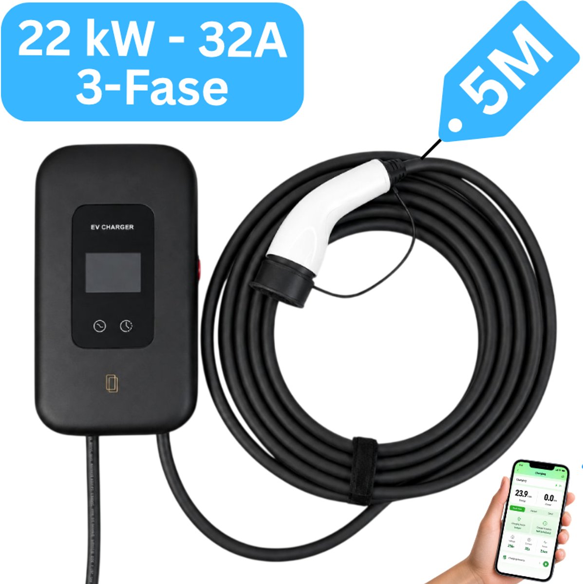 Laadpaal 22 kW met gratis app | 5 meter vaste kabel Type 2 | 3 RFID pasjes | Mobiele app / Wifi | IP65 waterdicht | Type B beveiliging | 2 jaar garantie | Slimme Wallbox 22 kW 3 fase 32A