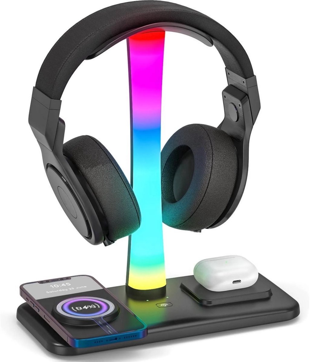 3-in-1 RGB Gaming Hoofdtelefoonstandaard - Headsethouder met 15 W draadloze oplader - Gaming-hoofdtelefoonhouder met 9 lichtstanden - voor alle hoofdtelefoons - Geheugenfunctie - Koptelefoon standaard - houder - Zwart