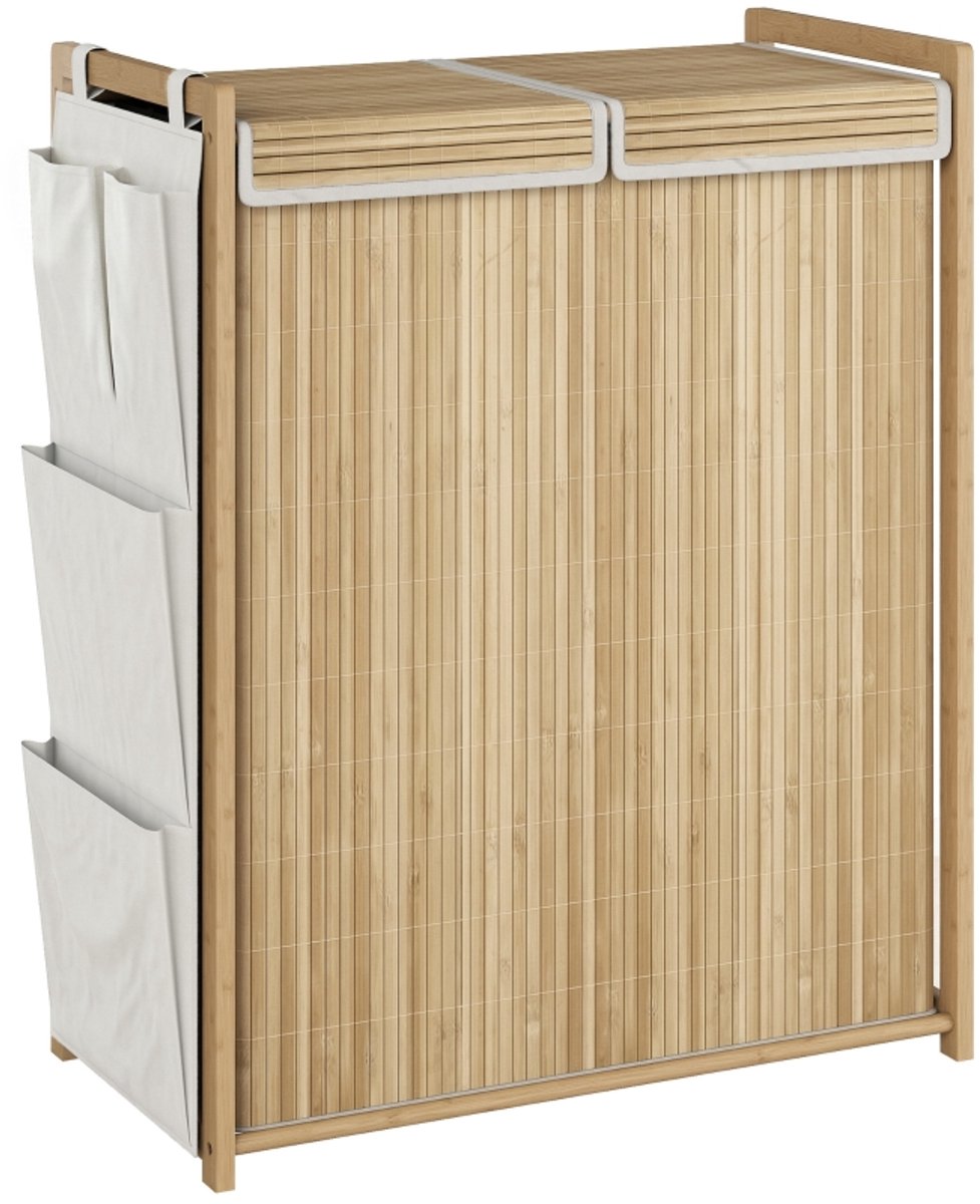 Wasmand 63 × 33 × 78 cm Houtkleur Bamboe met deksel voor het opbergen van vuile was, 2 compartimenten, afneembare binnenzak, stabiel en gemakkelijk schoon te maken, geschikt voor slaapkamer en badkamer