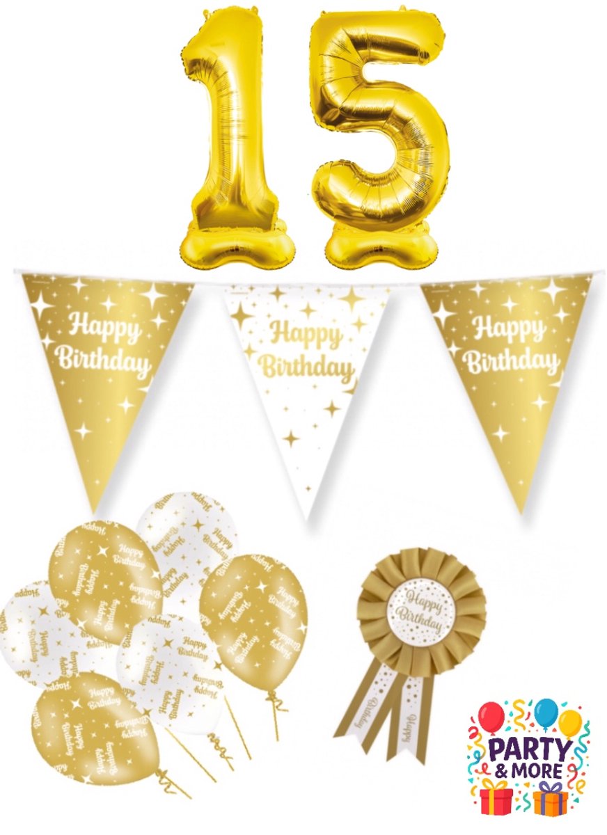Party & More - 15 jaar - verjaardag versiering - ballonnen - slinger - cijferballon - Luxe Gouden Feestdecoratie Set – Compleet Pakket – versiering - verjaardag