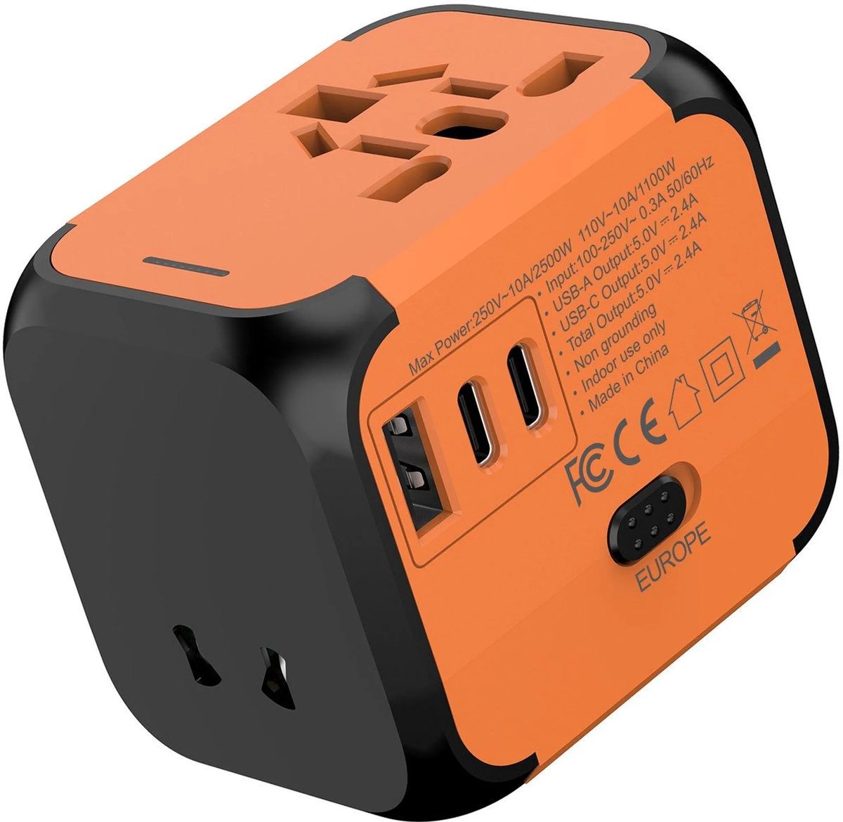 casalora - Wereldstekker - Met 2 Type-C en 1USB-A Poort - Reisstekker - Internationale Reisstekker voor 150+ landen - Wereldstekker universeel - Oranje