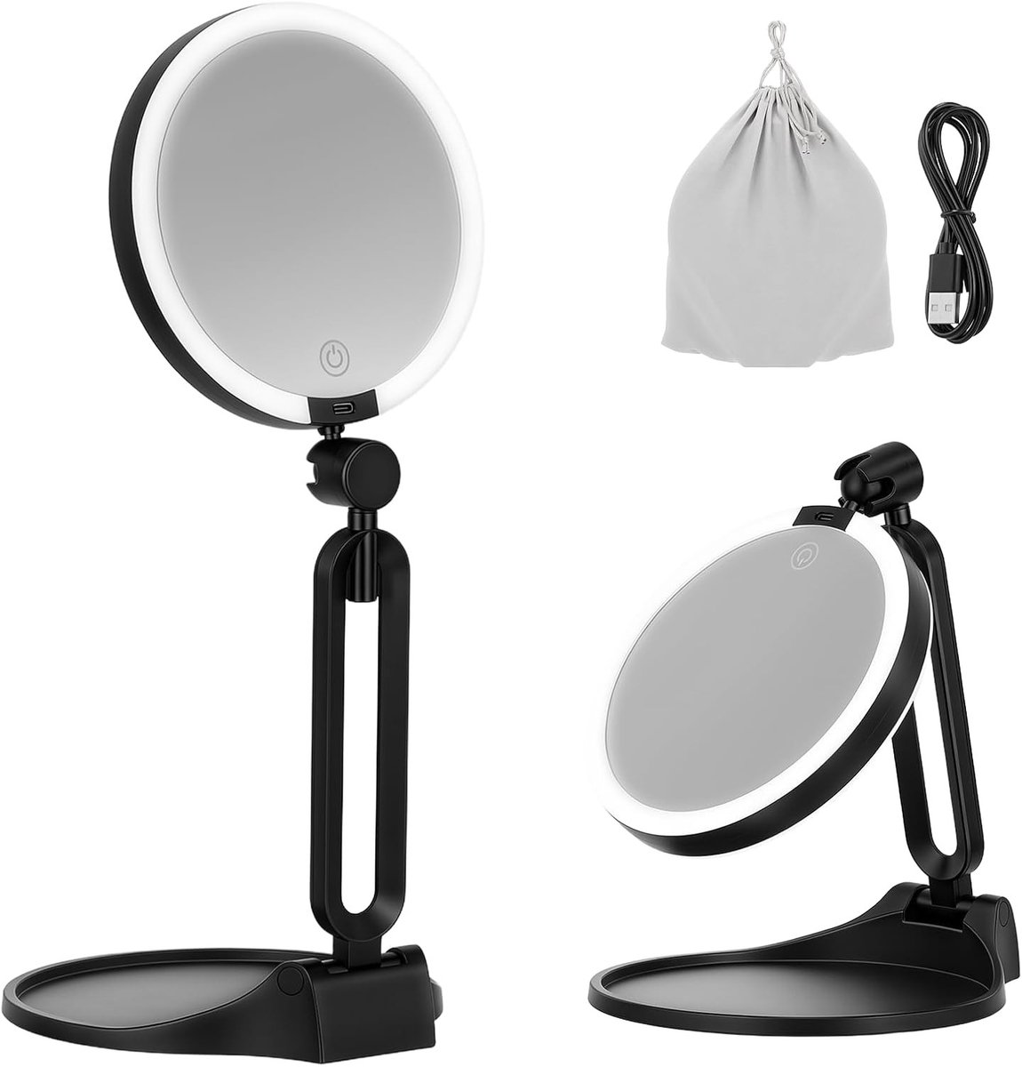 Verstelbare Verlichte Make-up Spiegel met LED, Dubbelzijdig 10x/1x, Oplaadbaar via USB-C, Vouwbaar en Draagbaar voor Thuis en Reizen - Ideaal voor Badkamer en Schoonheid