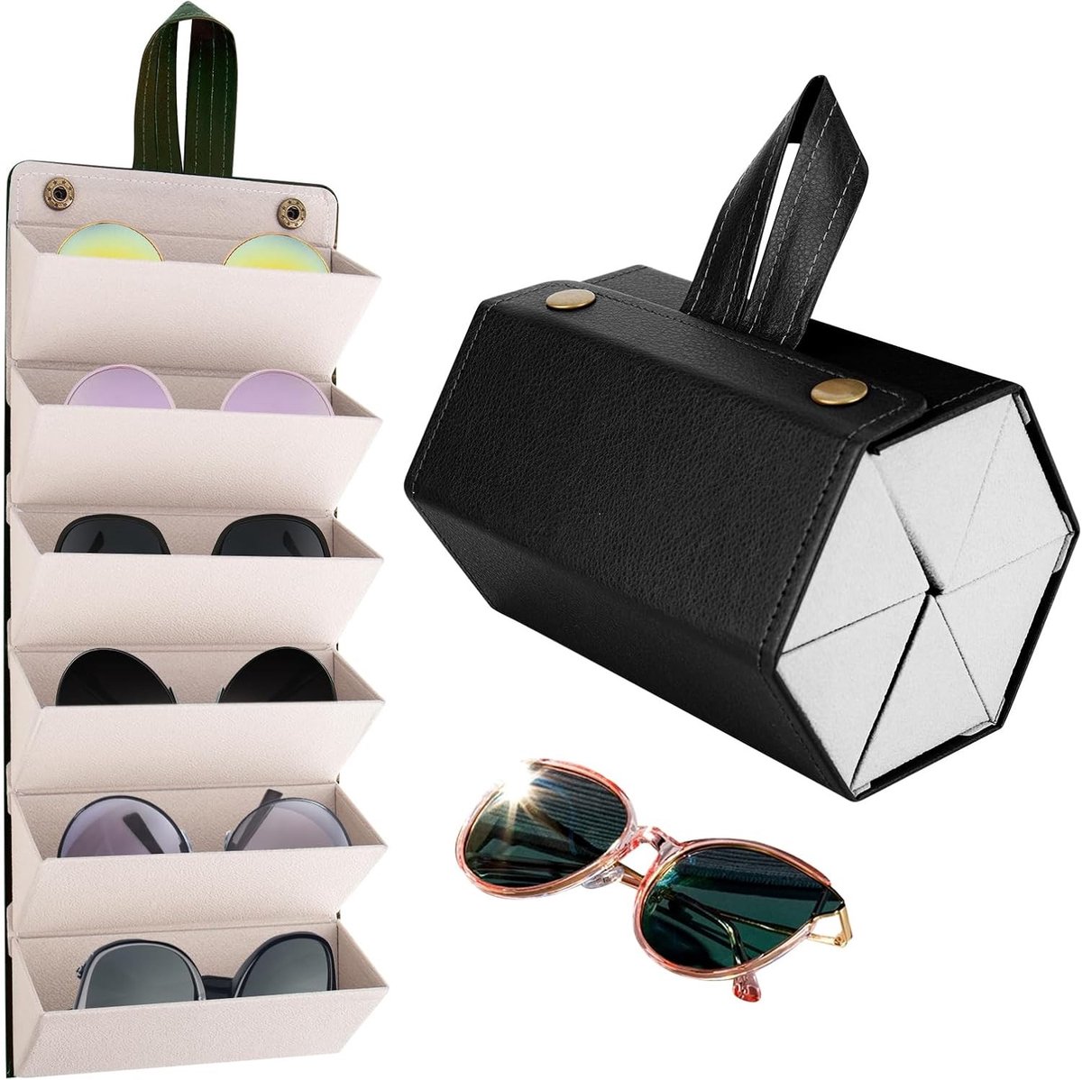 Reisbril Etui met 6 Slots, Vouwbare Opbergdoos voor Zonnebrillen, PU Leren Organizer voor Brillen, Ideaal voor Vrouwen en Reizen