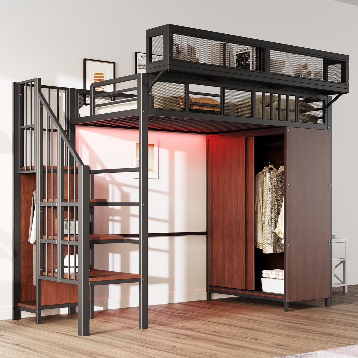Metalen Hoogslaper 90x200 cm - Met Ladder - Met Valbeveiliging - Met LED-verlichting - Zwart