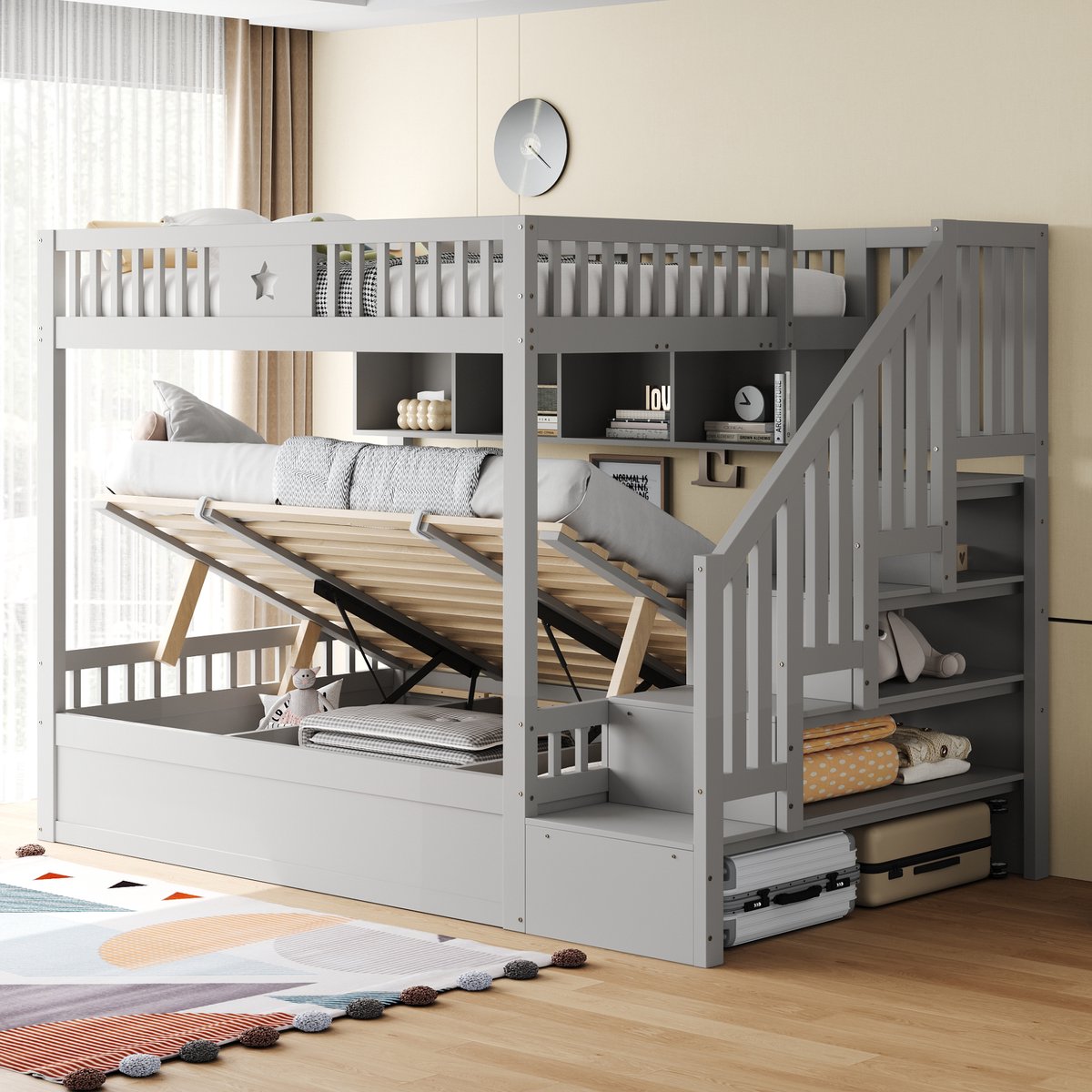 Stapelbed 140x200 cm - Met Opbergruimte - Met Ladder - Met Valbeveiliging - Grijs