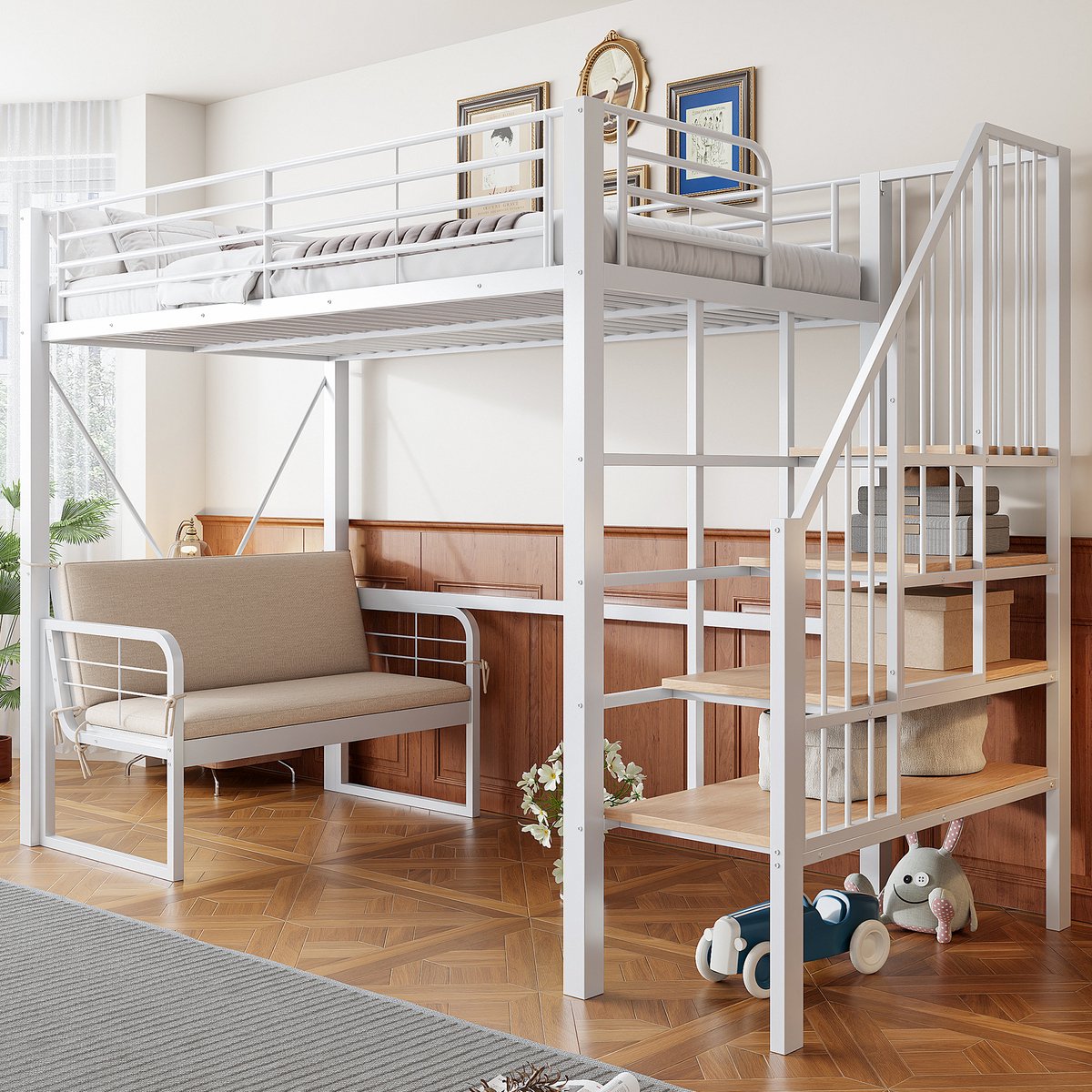 Stapelbed 90x200 cm - Met Opbergruimte - Met Ladder - Wit