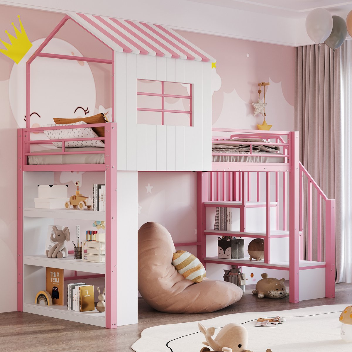 Stapelbed 90x200 cm - Met Valbeveiliging - Met Opbergruimte - Met Bureau - Roze