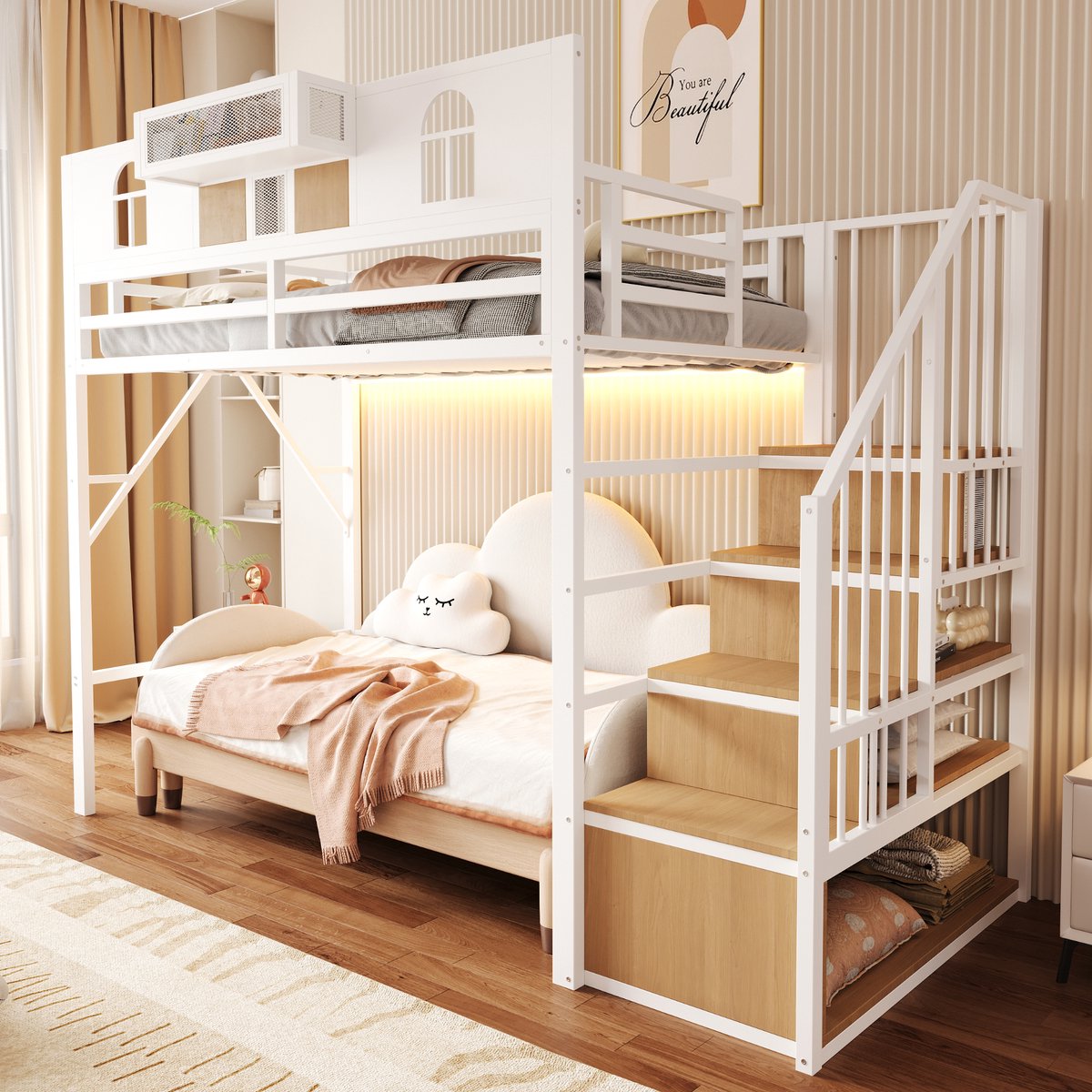 Metalen Hoogslaper 90x200 cm - Met Ladder - Met Opbergruimte - Met Bureau - Wit