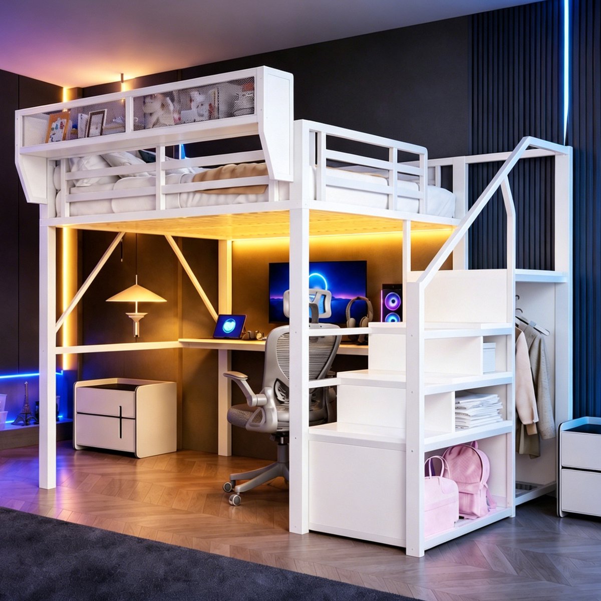 Metalen Hoogslaper 140x200 cm - Met Ladder - Met Opbergruimte - Met LED-verlichting - Wit