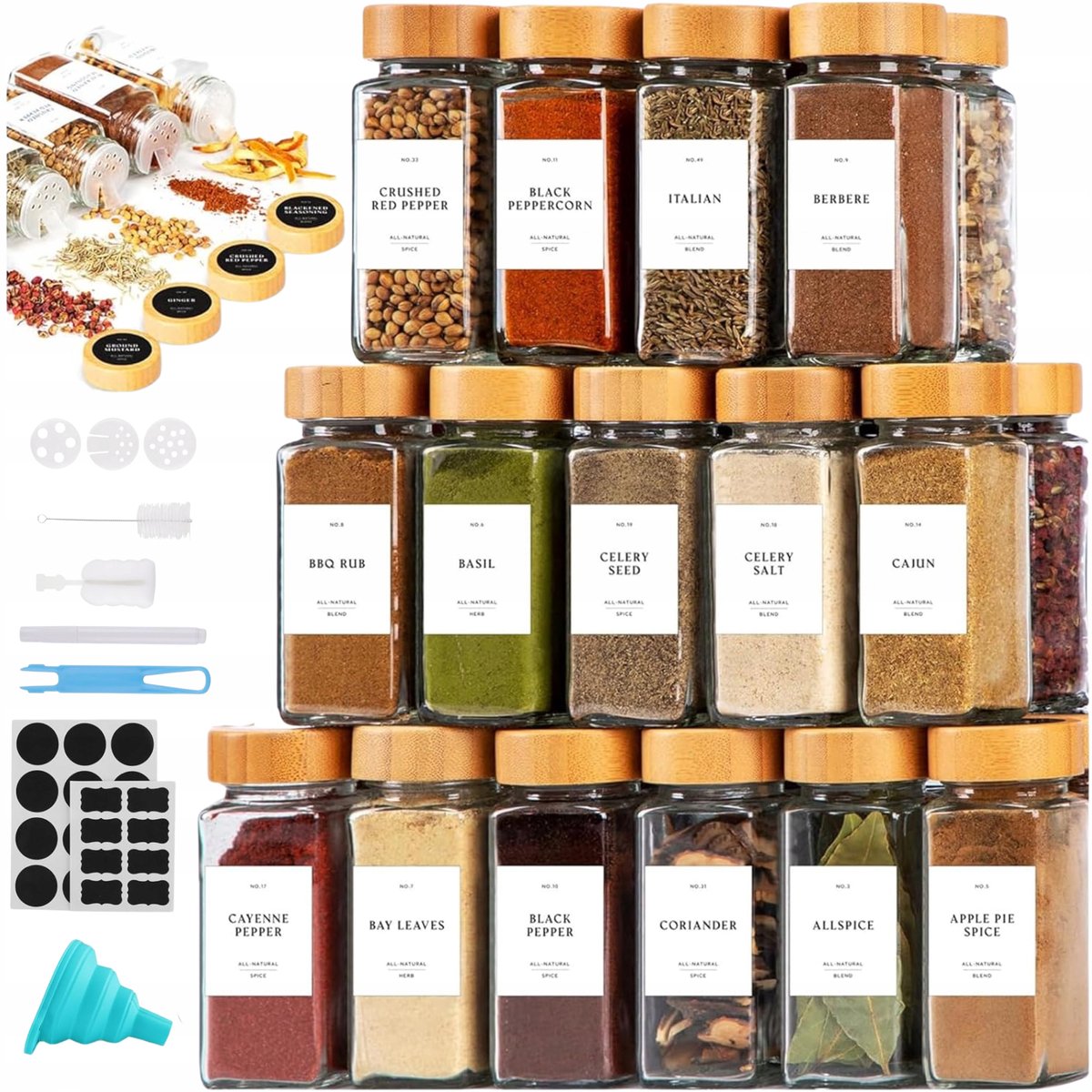 36x Glazen Kruidenpotjes 120ml met Bamboe Deksel & Etiketten