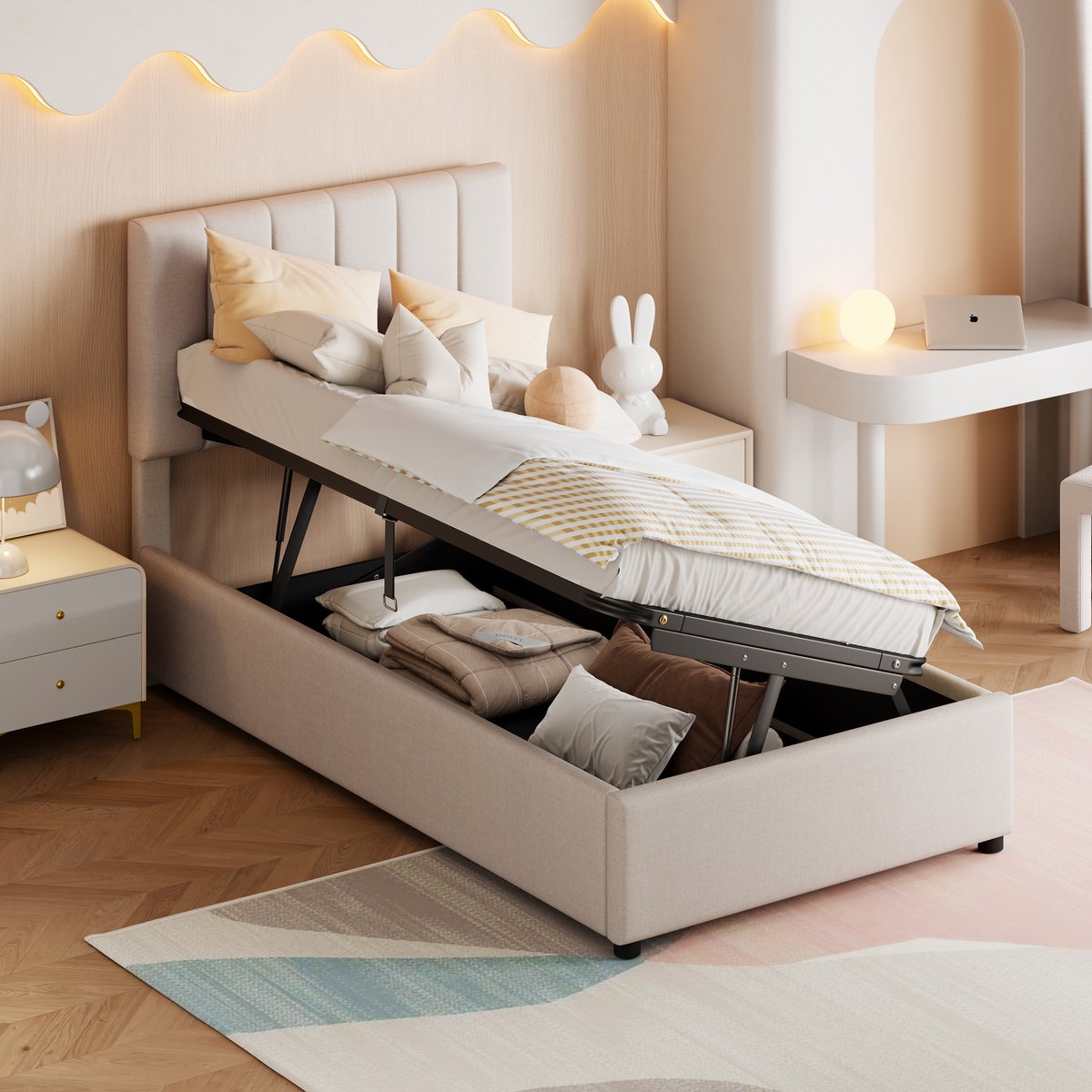 Gepolsterd Kinderbed 90x200 cm - Met Opbergruimte - Met Hoofdeinde - Verstelbaar - Beige