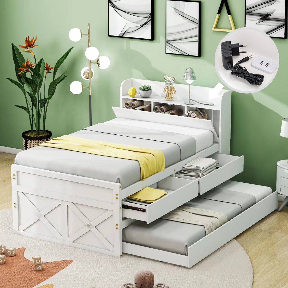 Uitschuifbed 90x190 cm - Met Opbergruimte - Met USB-aansluiting - Uitschuifbaar - Wit
