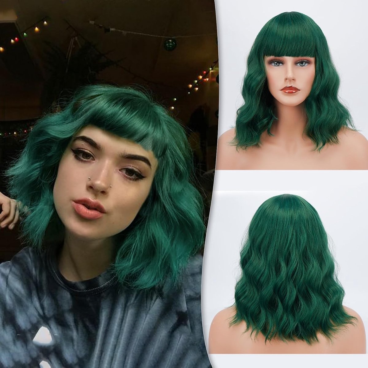 Korte Krullende Bob Peruk met Pony voor Vrouwen - Schouderlengte Cosplay Peruk in Donkergroen, Perfect voor Feestjes en Thema Kostuums