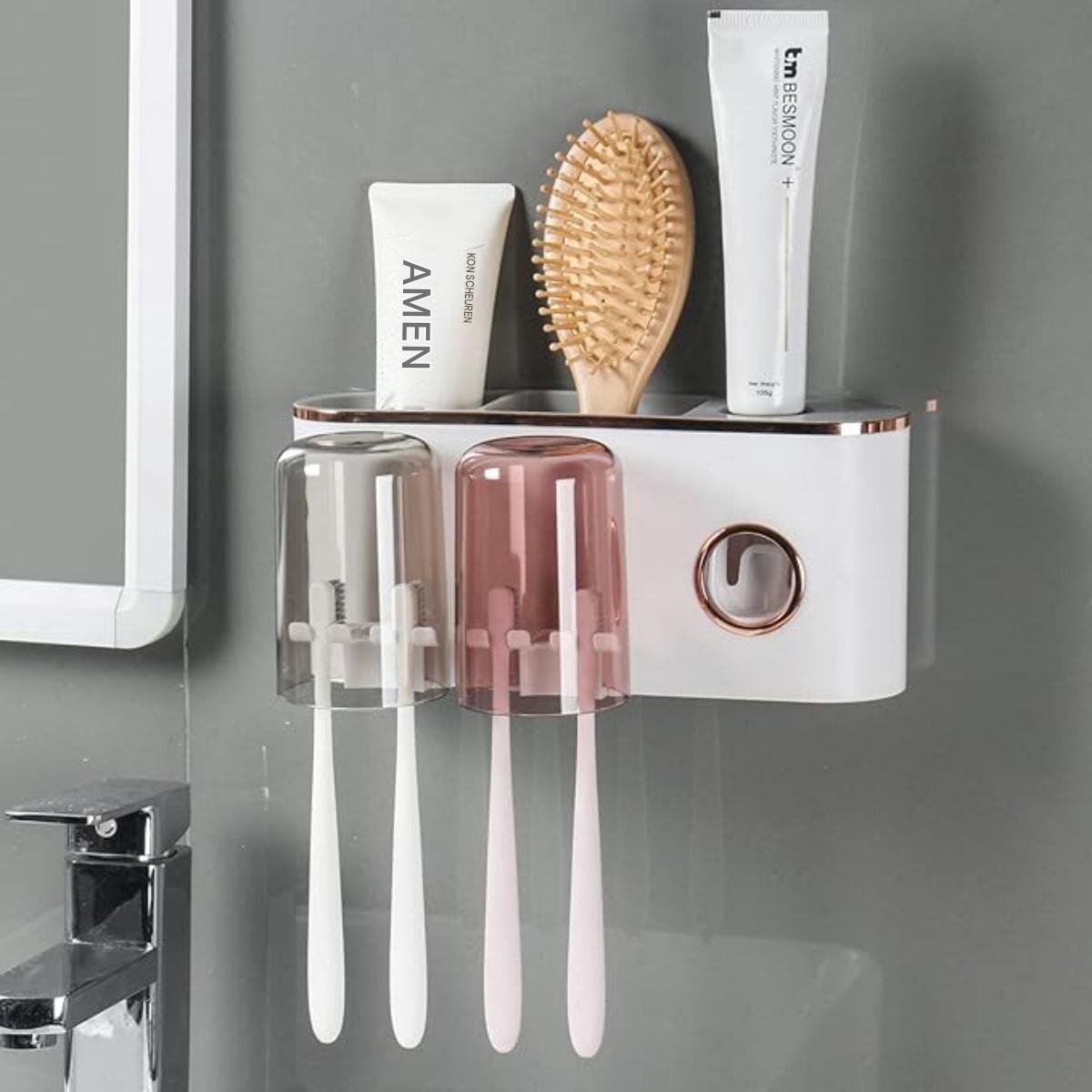 SSTRWGOOD Tandenborstelhouder - Wandtandenborstelhouder met 2 Bekers - Geschikt voor Elektrische Tandenborstels en Familiegebruik - Plastic Badkamer Organizer in Wit-Goud