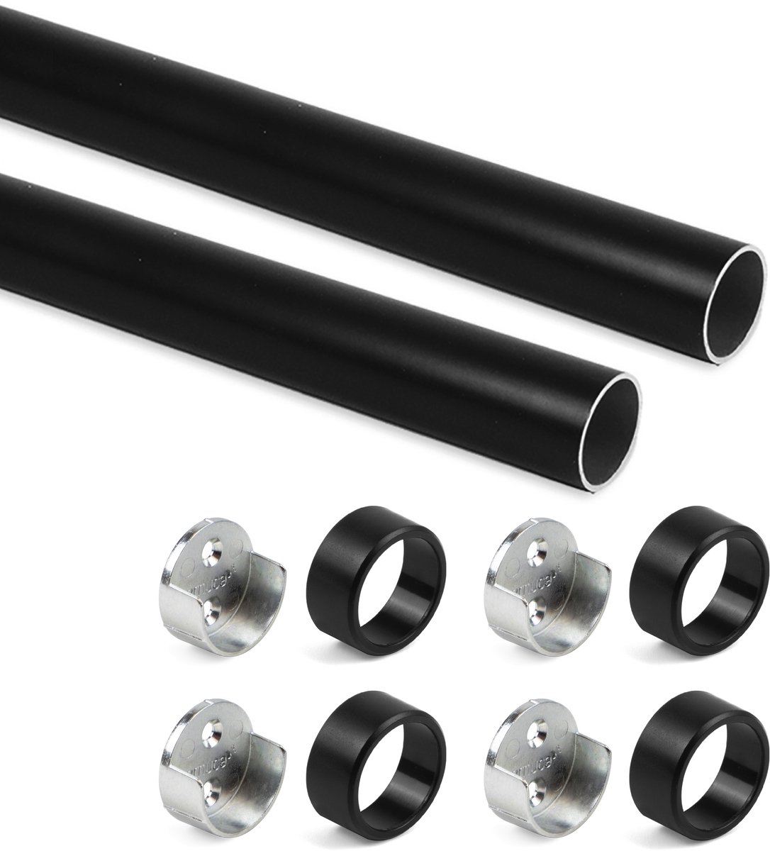 Emuca Lot van 2 ronde kastrails D.28mm lengte 0.75m met beugels, Aluminium en Zamak, Zwart gelakt
