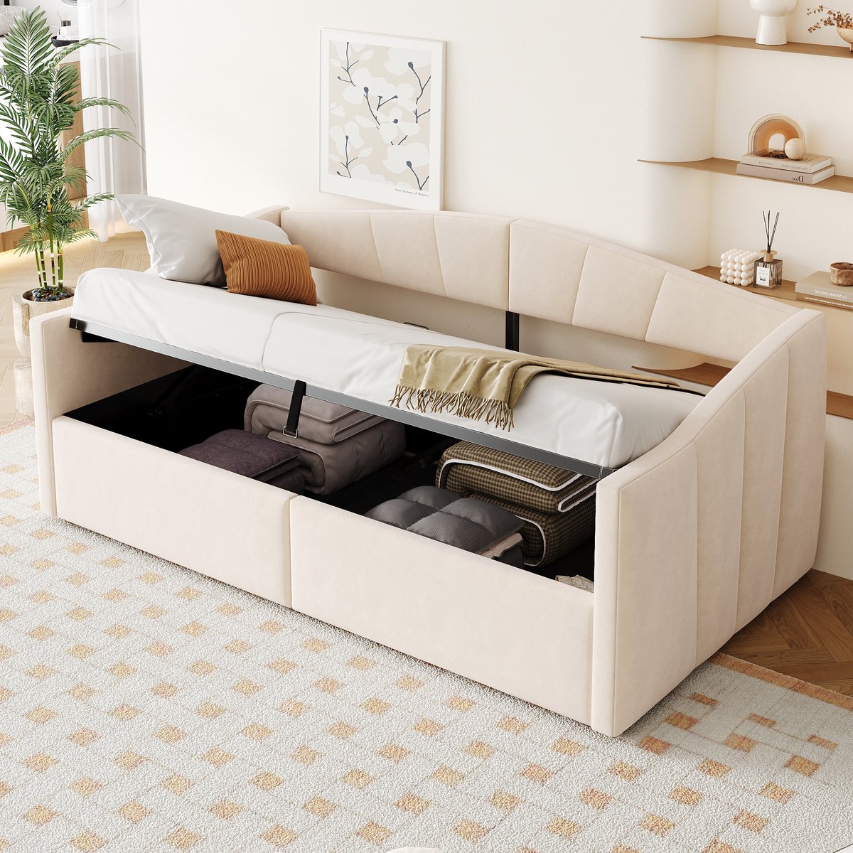 Gestoffeerde slaapbank met hydraulische opbergruimte - 90x200 cm eenpersoons - Beige fluweel - Klassiek gestreept design en armleuningen - Inclusief lattenbodem - Multifunctioneel als bank en gastenbed