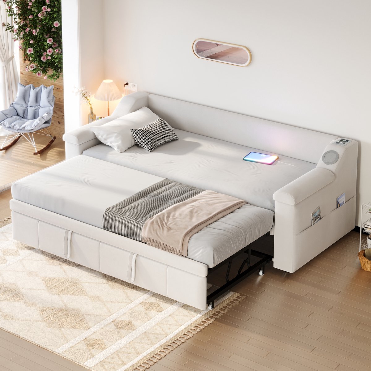 Uitschuifbare slaapbank met Blauwtooth-speakers - van 90x190 naar 180x190 cm - Beige fluweel - Brede armleuningen met opbergvakken en USB-lader - Inclusief 20-delige lattenbodem