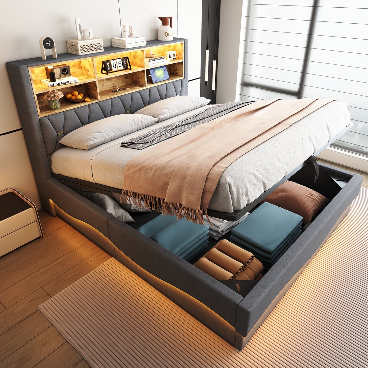 Gestoffeerd bed 180x200 cm - App-gestuurde LED-verlichting en hydraulische opberging - 2 personen - Grijs - USB oplaadpoort - Linnen bekleding - Metalen lattenbodem tot 350 kg