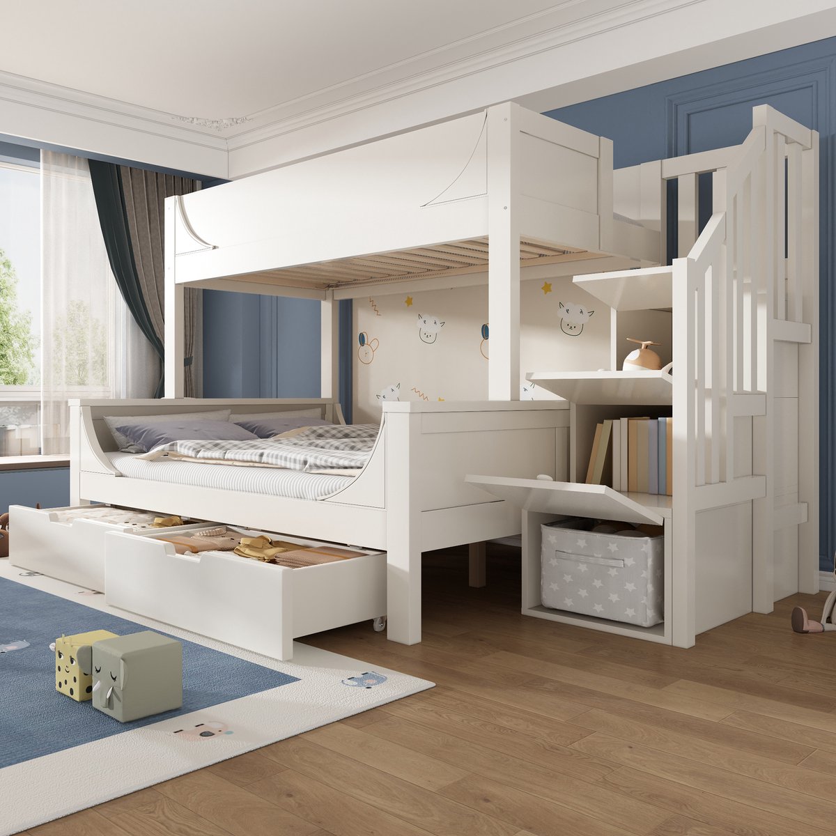 Stapelbed slee-model met trapkast en lades - 90x200 en 140x200 cm - wit - valbeveiliging - EN 747 gecertificeerd - massief hout