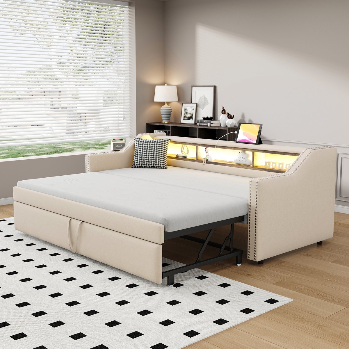 Gestoffeerde uitschuifbare slaapbank met LED en USB - van 90x190 naar 180x190 cm - beige linnen - zijopbergvakken en klinknageldesign - 30-delige lattenbodem - stabiel tot 300 kg
