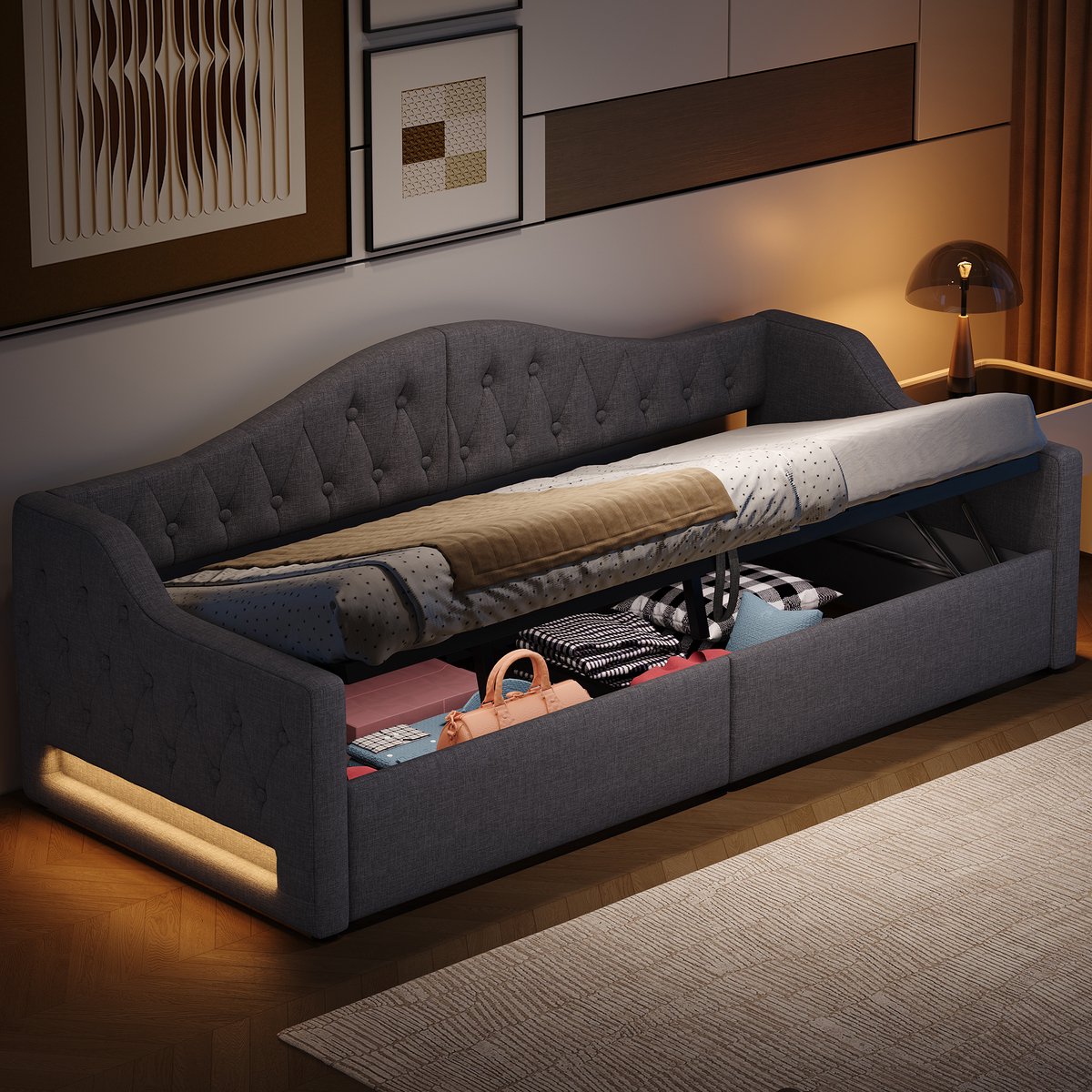 Gestoffeerd dagbed met LED en opbergruimte - 90x200 cm - Grijs linnen - 7 kleuren sfeerverlichting aan beide zijden - Opbergvak onder het bed - Inclusief 12-delige lattenbodem