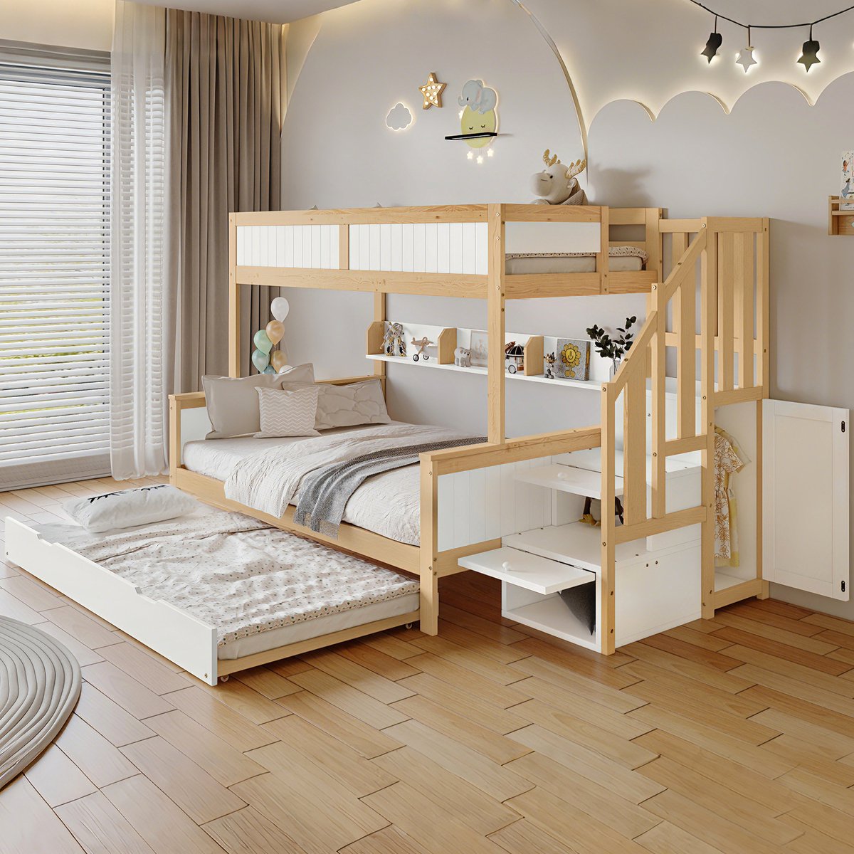 Stapelbed 3-in-1 met uitschuifbed en kledingkast - Geschikt voor 3 matrassen (90x200, 120x200, 90x190 cm) - Wit+Naturel - Veilige hoektrap met opbergvakken - Stevig grenenhouten frame