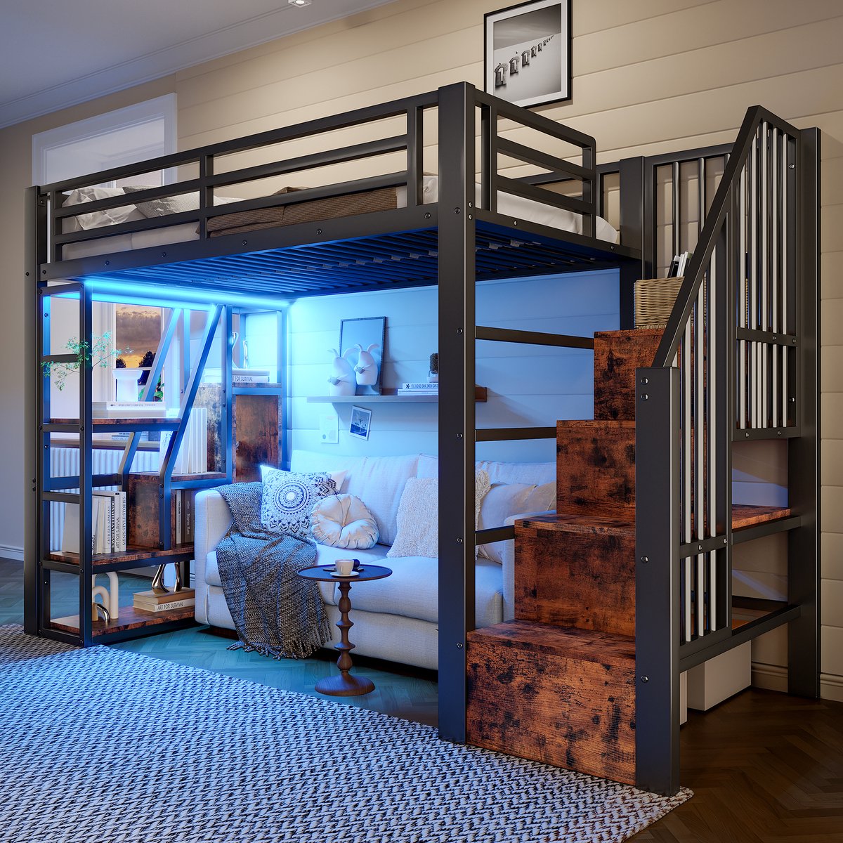 Metalen hoogslaper met opbergtrap en LED - 90x200 cm eenpersoons - Zwart - App-gestuurde sfeerverlichting - Inclusief veiligheidsreling en open ruimte onder bed - Geschikt voor kinderen en tieners