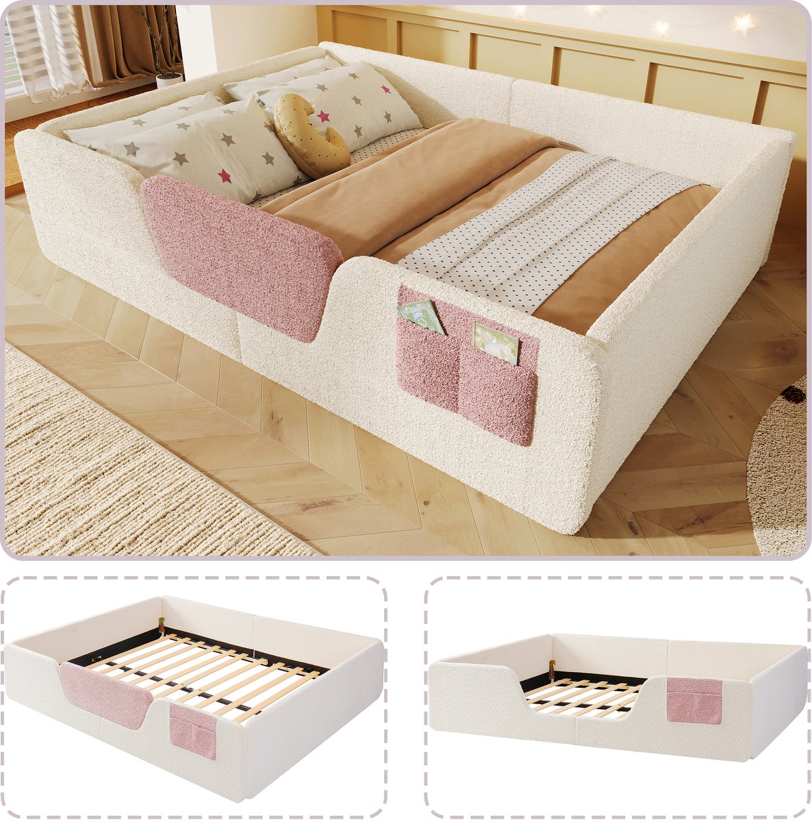 Gestoffeerd kinderbed 140x190 cm - peuter- en tienerbed met afneembaar veiligheidshek - beige fluweel - opbergvak aan de zijkant - zachte bekleding - eenvoudige montage