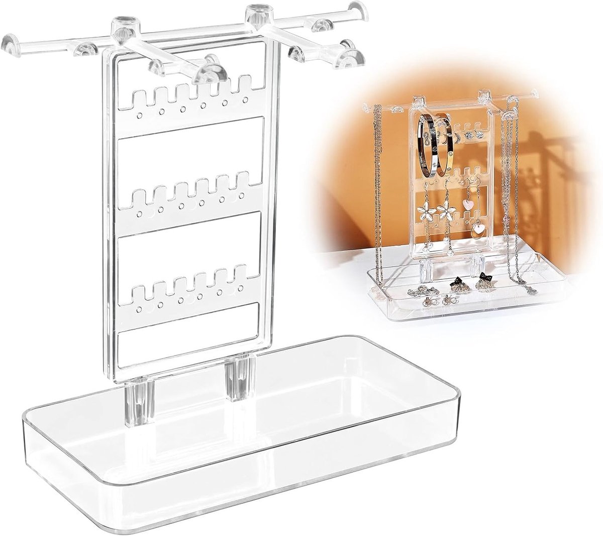 Sieradenhouder van acryl met tray voor kettingen, ringen, armbanden en oorbellen, ideaal voor georganiseerd opbergen