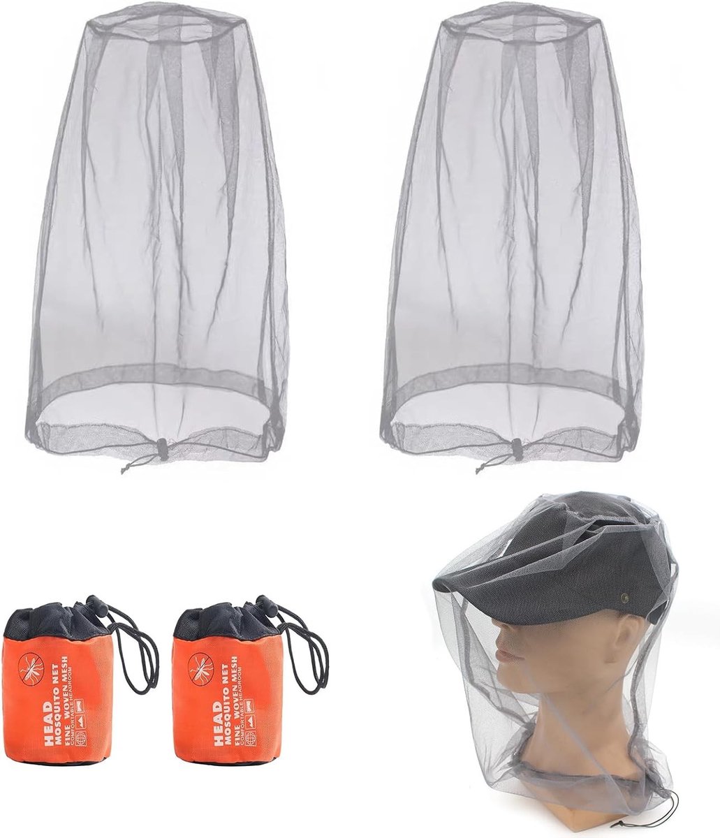 2 x Insectenwerend Hoofdnets voor Wandelen, Vissen en Kamperen - Bescherming tegen Muggen en Vliegen (Grijs)