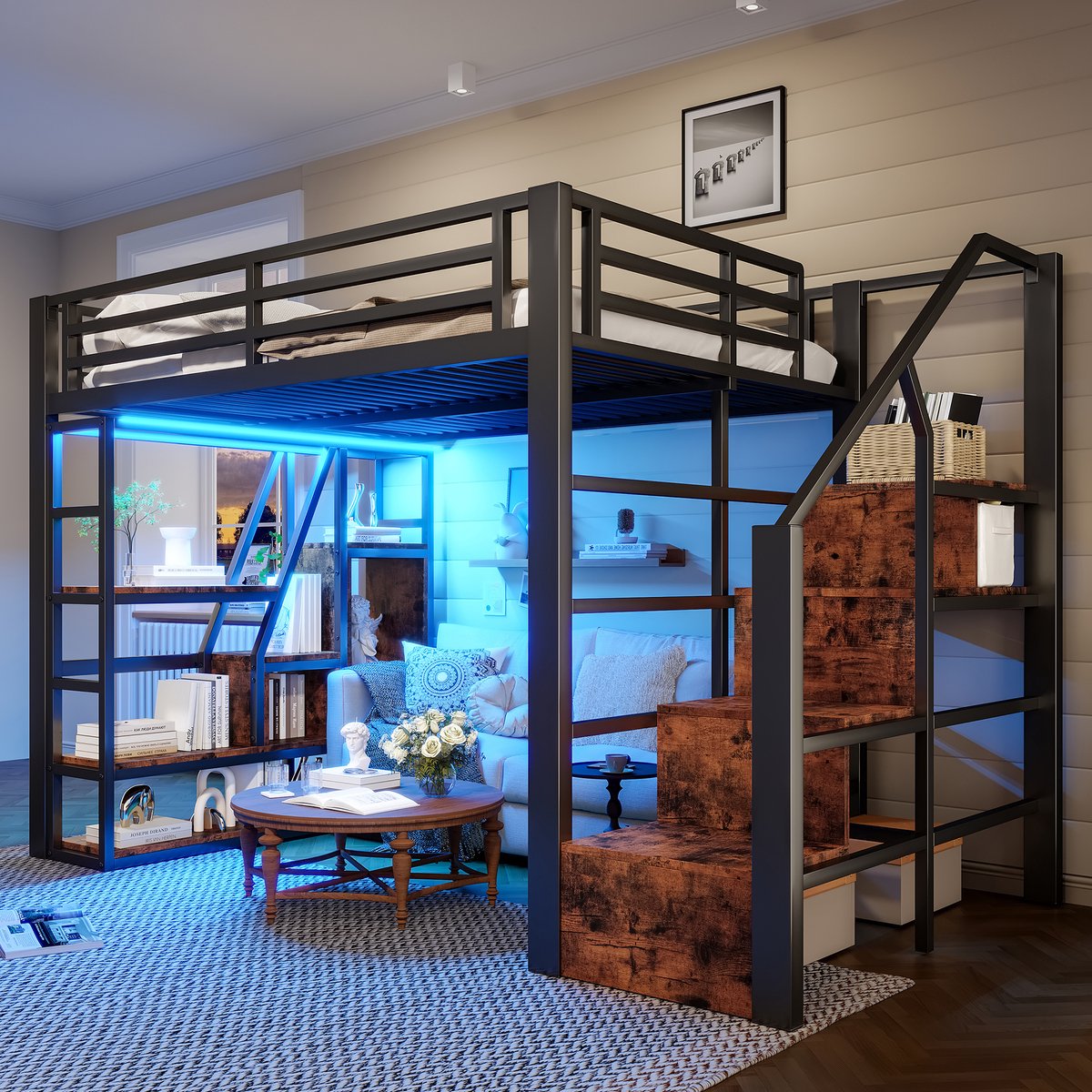 Hoogbed 140x200 cm - met opbergtrap, led en veiligheidsrek - Zwart - Geïntegreerde opbergvakken in treden - LED-strip met app en afstandsbediening - Open opbergruimte onder het bed