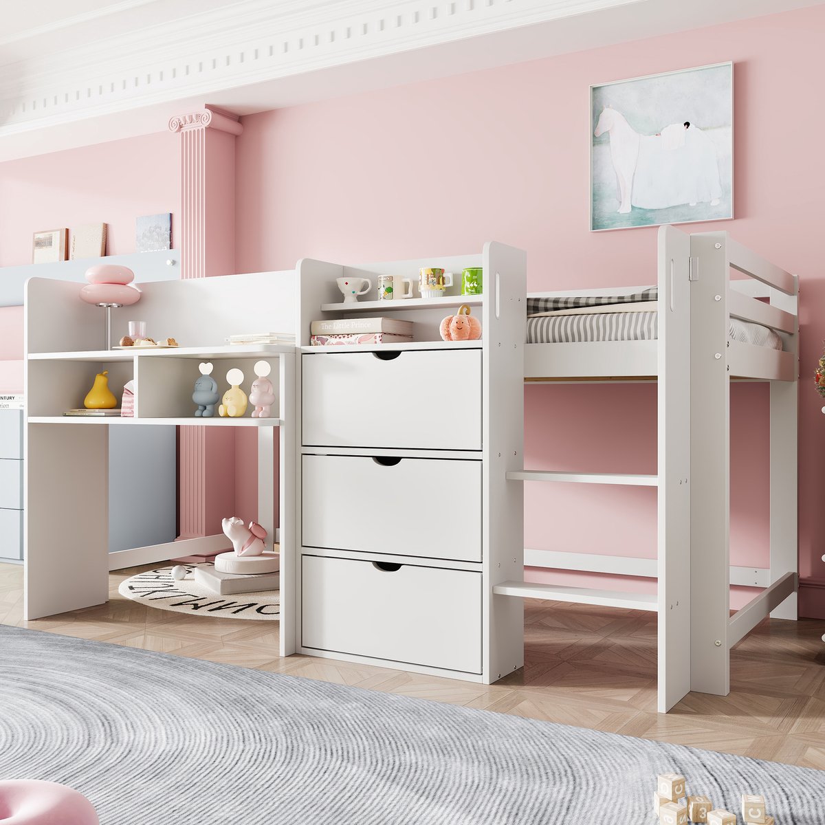 Halfhoog bed 90x200 cm - met speelruimte en opbergvakken in huisdesign - eenpersoons - wit - massief grenen frame met 3 gesloten vakken en open legplanken - veiligheidsrek en ladder inbegrepen