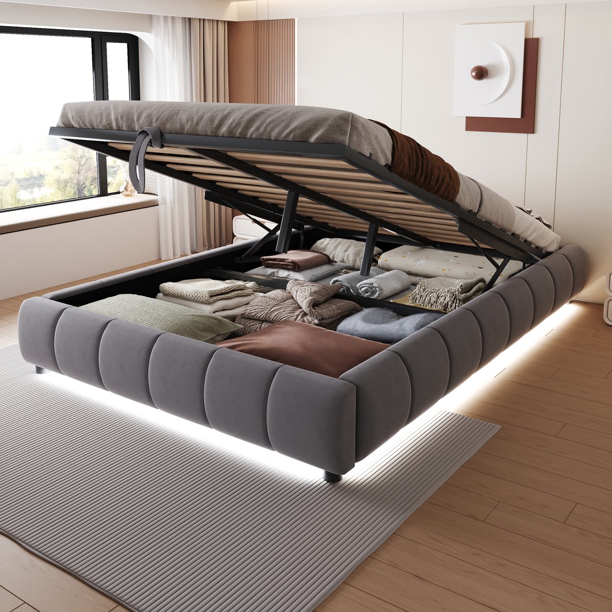 Gestoffeerd bed 140x200 cm - zonder hoofdbord - met LED-verlichting en hydraulische opbergruimte - tweepersoons - grijs - zwevend platform met 150 kg draagvermogen