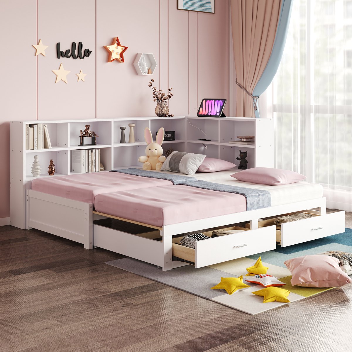 Uitschuifbare massief houten slaapbank 90/180x190 cm - 2-in-1 met opberglades en multifunctioneel stopcontact - Wit - Inclusief 27-delige lattenbodem - Geschikt voor compacte ruimtes