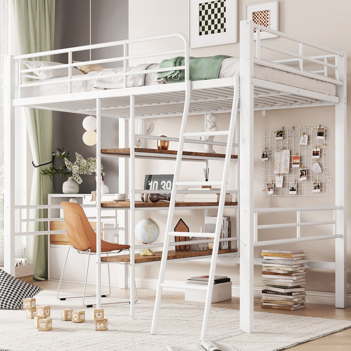 Hoogbed 90x200 cm met bureau en legplanken - Wit - Veiligheidsreling en ladder - EN747-gecertificeerd - Stabiel metalen frame - Geschikt voor kinderkamer