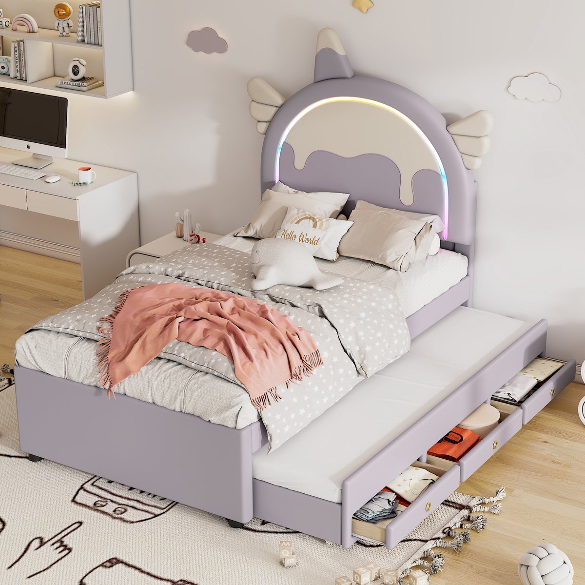 Eenhoorn kinderbed 90x200 cm - Met uitschuifbaar rolbed en opberglades - 1-2 personen - Paars - Magisch cartoon ontwerp in zacht, onderhoudsvriendelijk PU-leder - Inclusief lattenbodem
