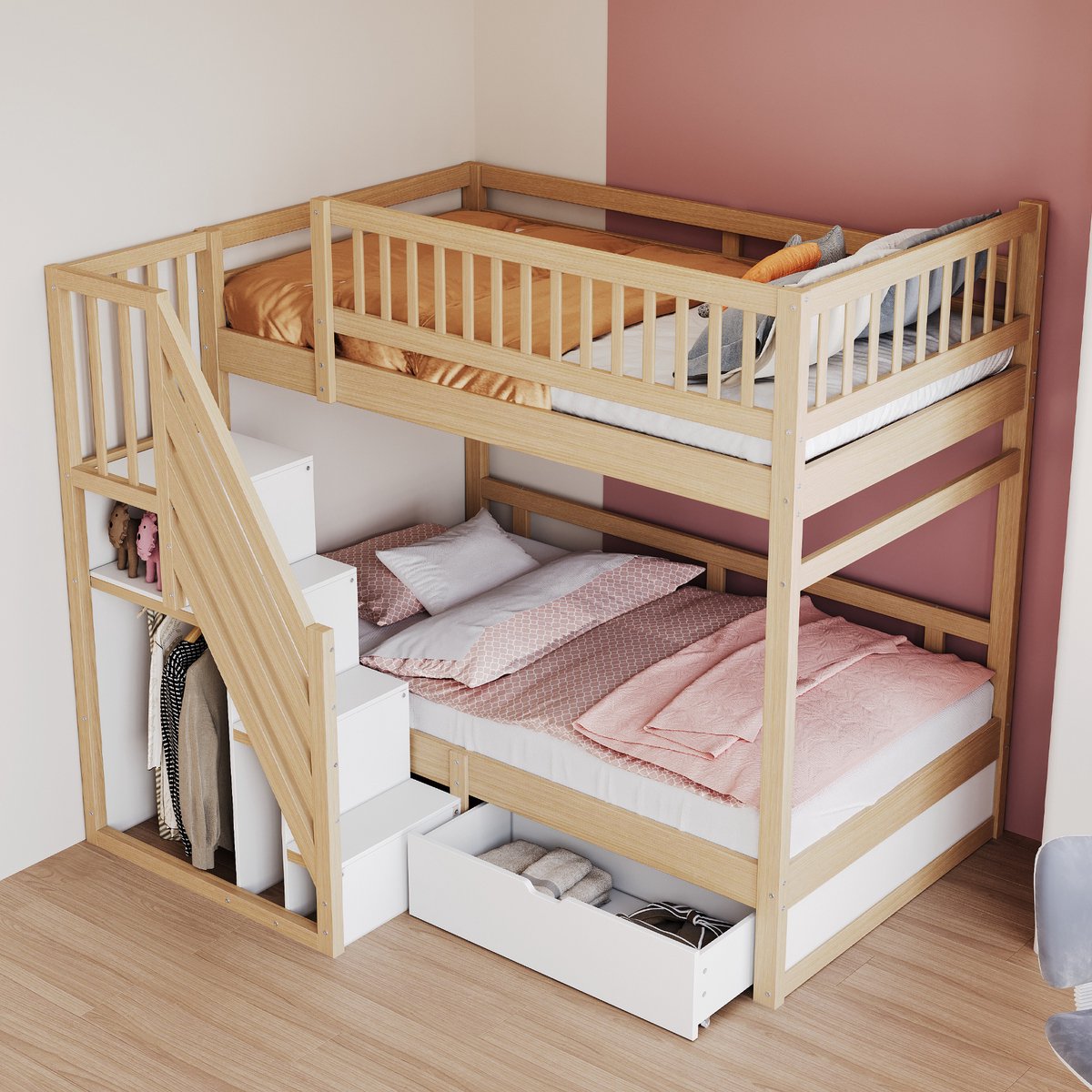 Massief houten stapelbed 90x200 cm - met opbergtrap en uittreklade - tweepersoons - houtkleur - hoge veiligheidshekken - lattenbodem inbegrepen